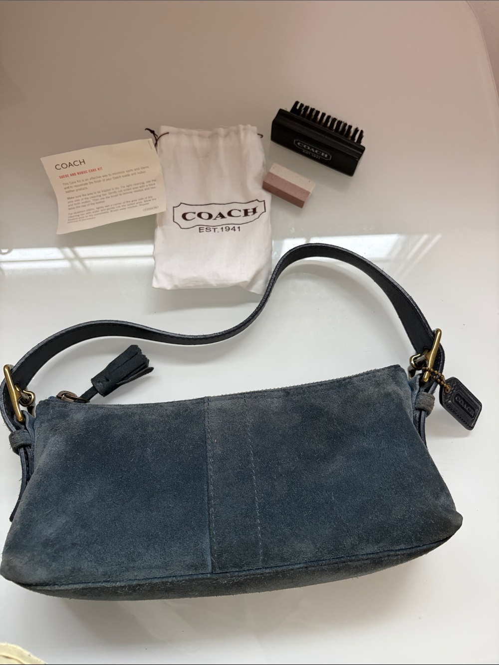 Y2K Demi AuthenticCoach Blue Navy Greyish Suede Shoulder Bag Hamptons - Picture 4 of 16
